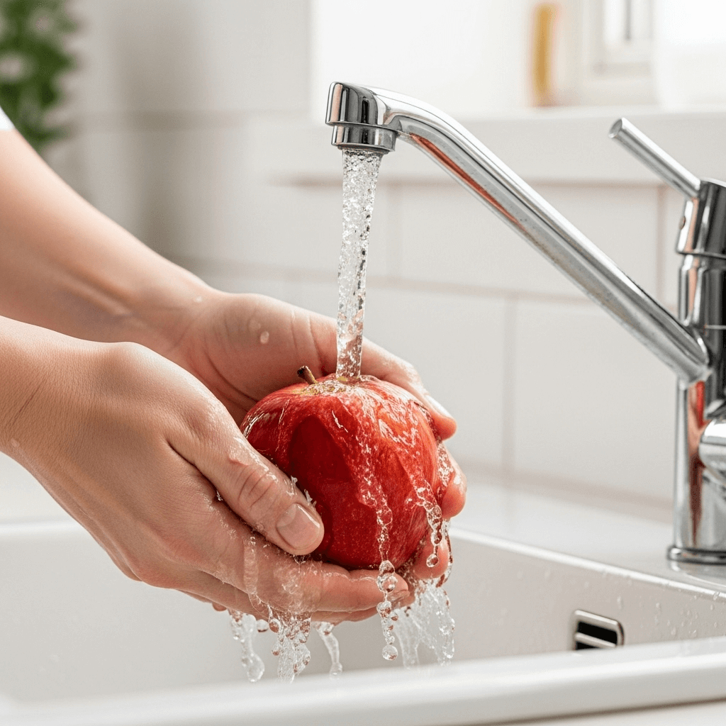 A person washing an apple in a clean sink.